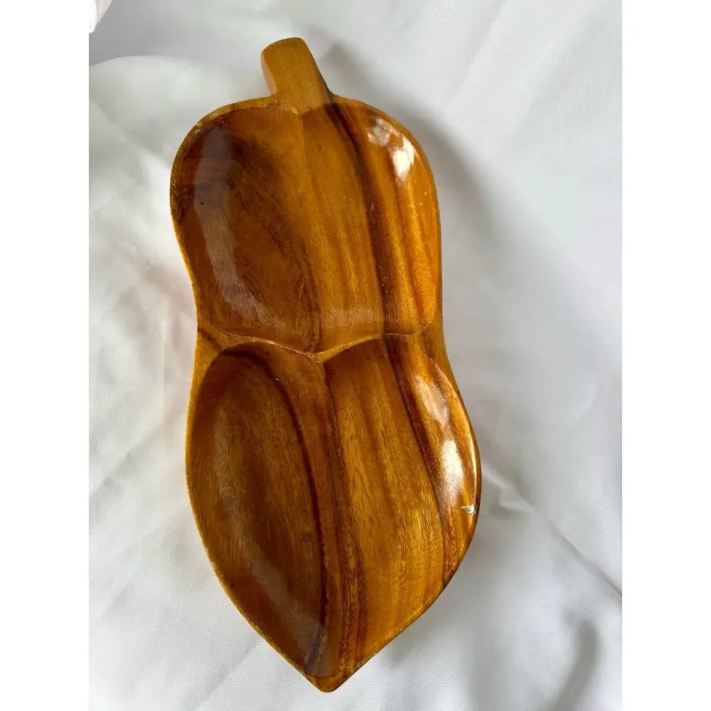 Vintage Acacia Wood Leaf Divided Serving Tray 2 Section Snack Bowl Boho Decor